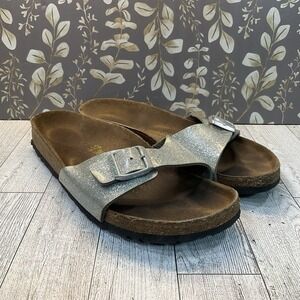 Birkenstock Madrid Sandals Womens 6 Metallic Silver Slip On Slides Birko Flor 37